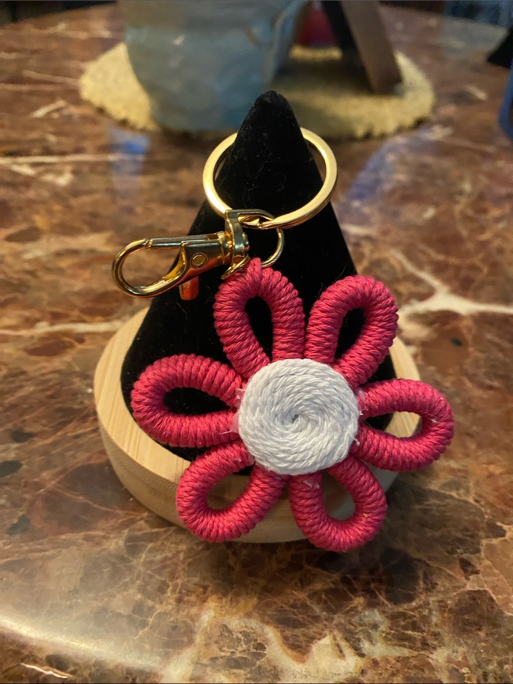 Boho Woven Daisy Flower Keychain Bag Charm Gold Hardware Pink White